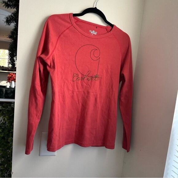 Carhartt red ish/orange long sleeve shirt with embroidery/embroidered front - Picture 2 of 5